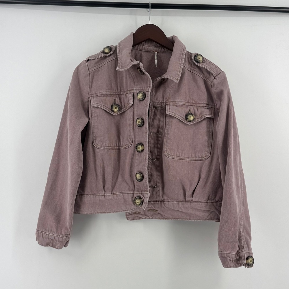 Free People Mauve Purple Cropped Utility Denim Jacket‎ Small Epaulettes Boho